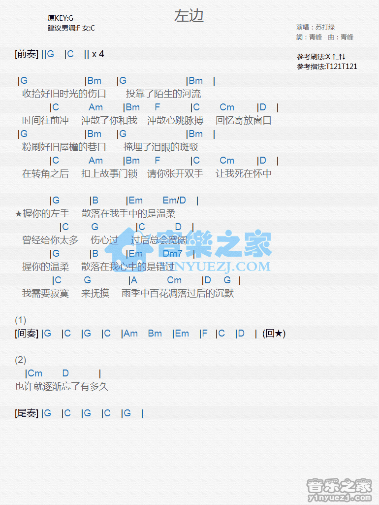 苏打绿《左边》尤克里里弹唱谱