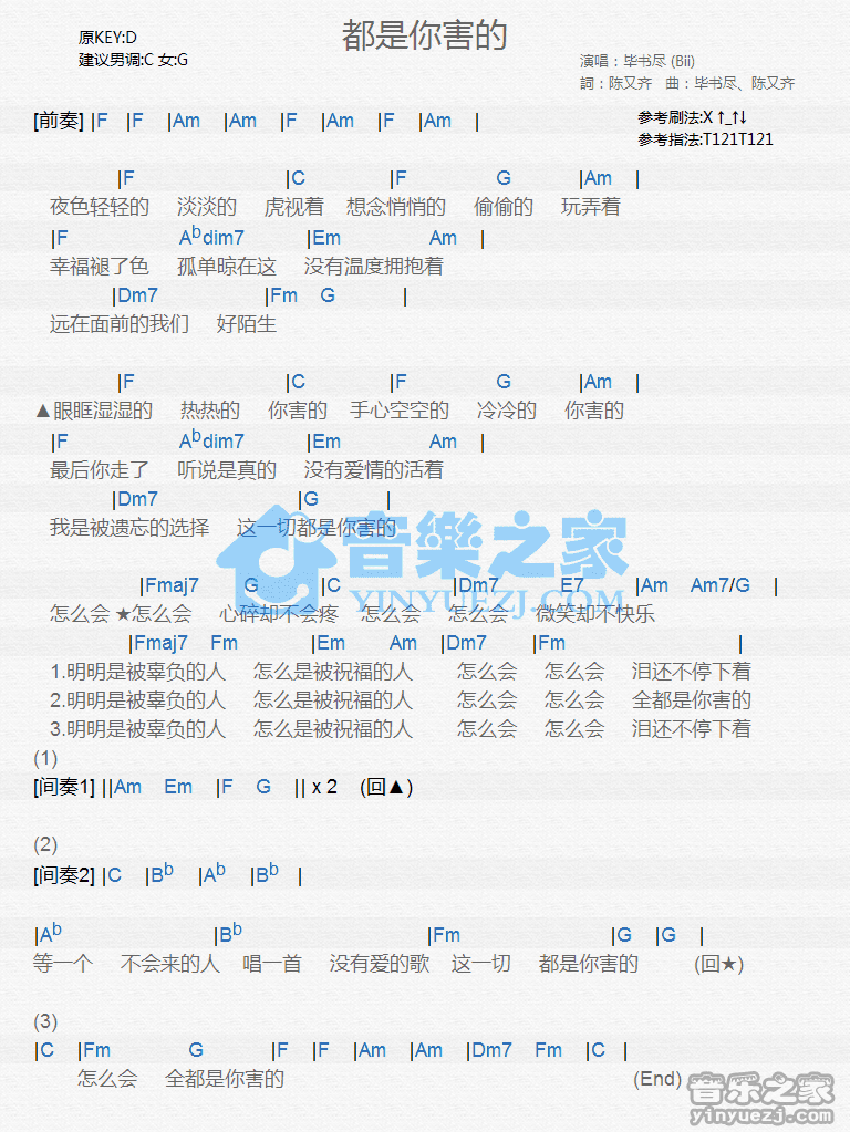毕书尽《都是你害的》尤克里里弹唱谱