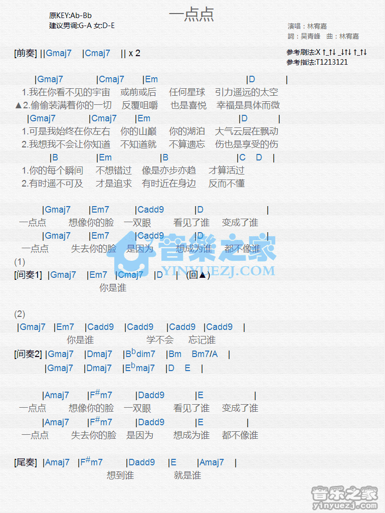 林宥嘉《一点点》尤克里里弹唱谱