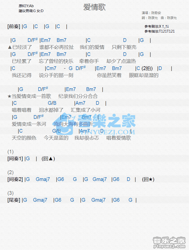 陈势安《爱情歌》尤克里里弹唱谱