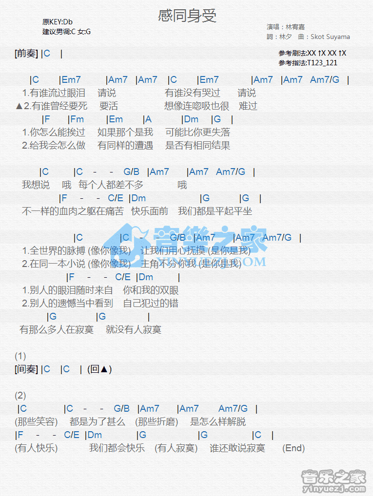 林宥嘉《感同身受》尤克里里弹唱谱