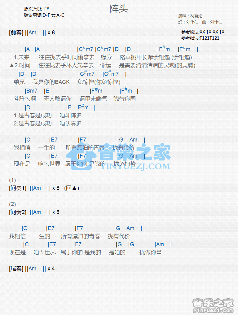 柯有伦《阵头》尤克里里弹唱谱