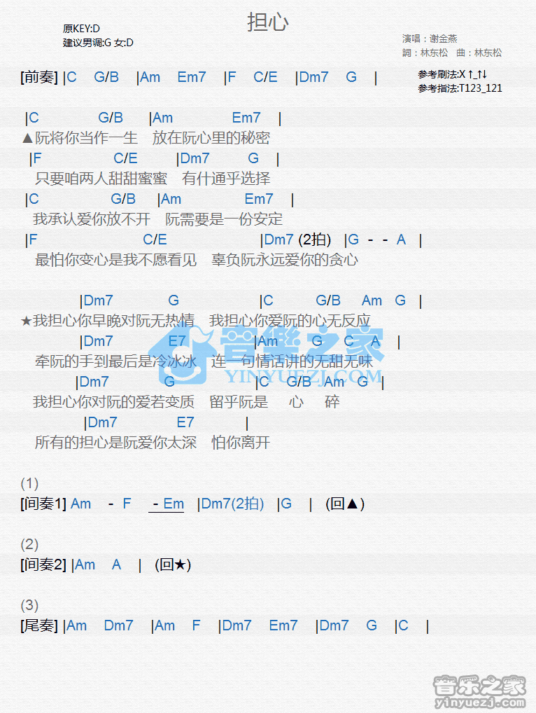 谢金燕《担心》尤克里里弹唱谱