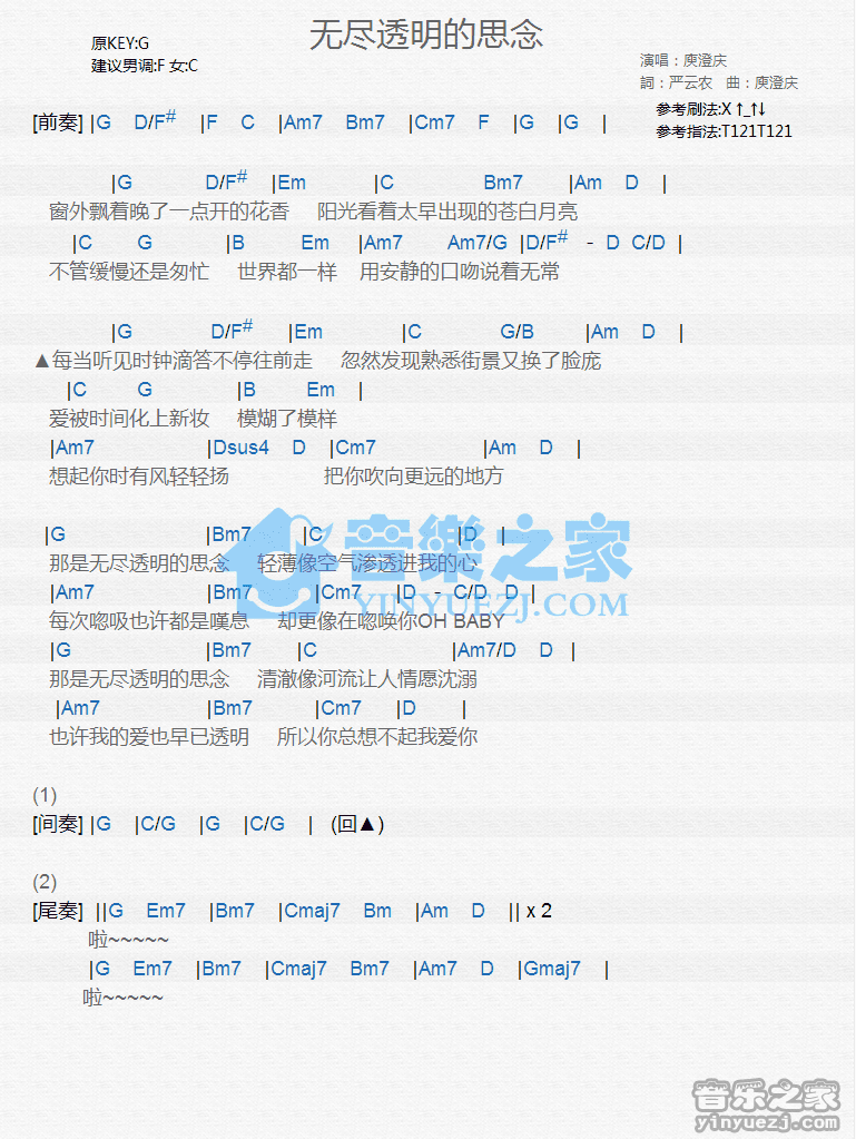 庾澄庆《无尽透明的思念》尤克里里弹唱谱
