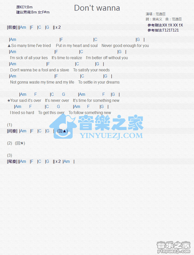 范逸臣《Don\t Wanna》尤克里里弹唱谱