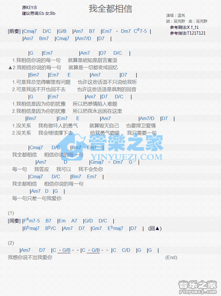 温岚《我全都相信》尤克里里弹唱谱