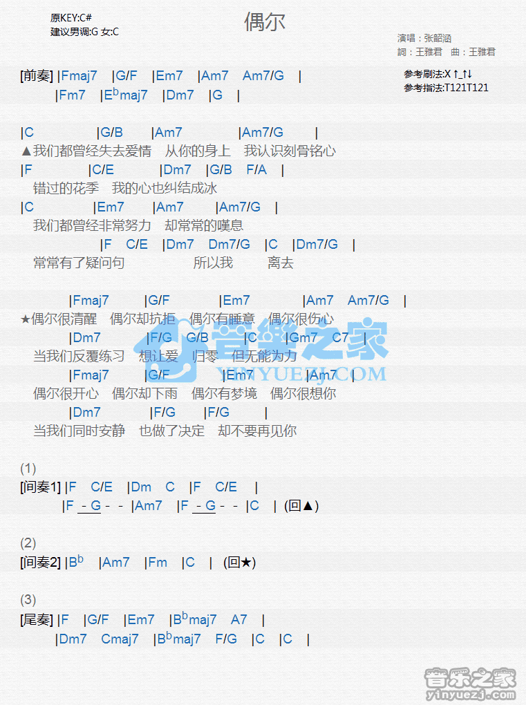 张韶涵《偶尔》尤克里里弹唱谱