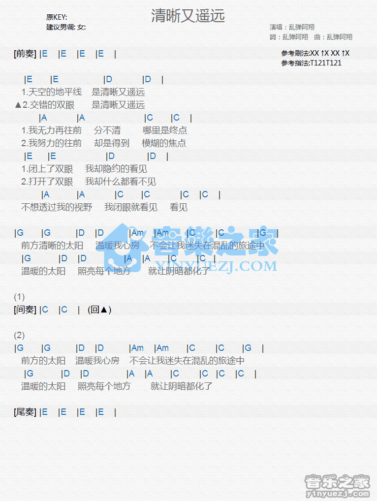 乱弹阿翔《清晰又遥远》尤克里里弹唱谱