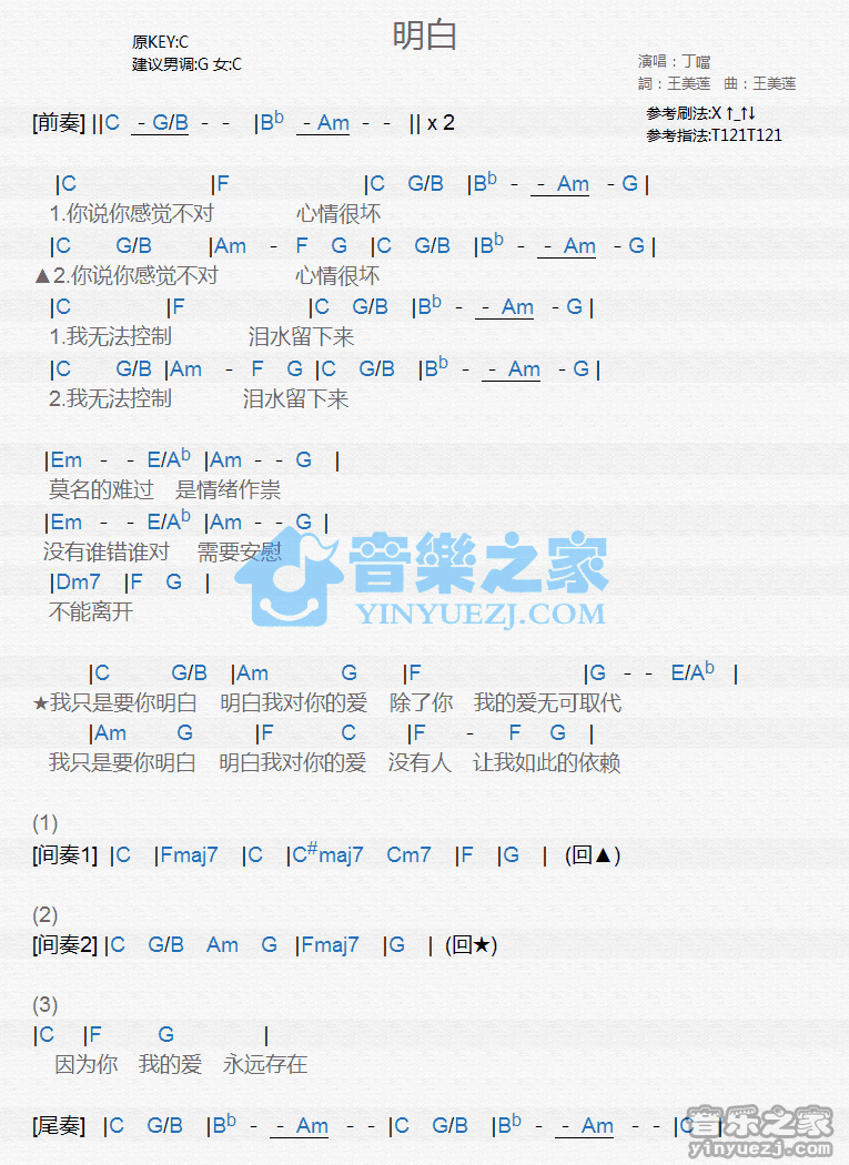 丁当《明白》尤克里里弹唱谱
