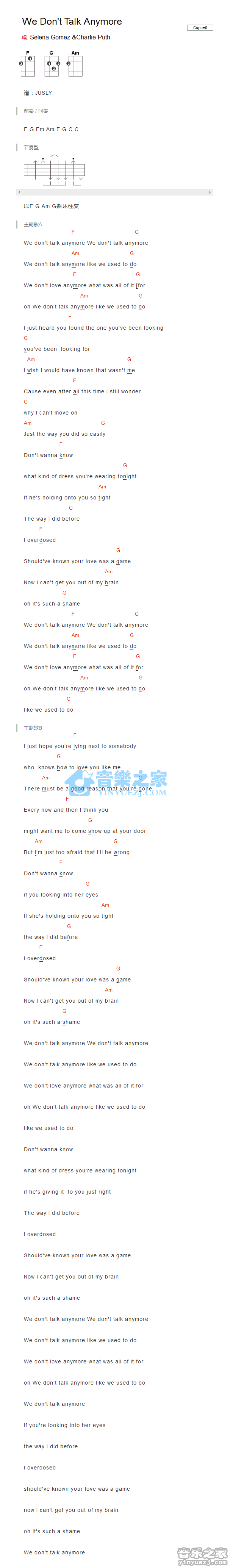 Charlie Puth《We Don\t Talk Anymore》尤克里里弹唱谱