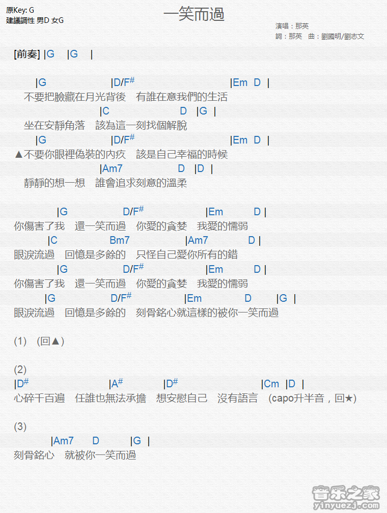 那英《一笑而过》尤克里里弹唱谱