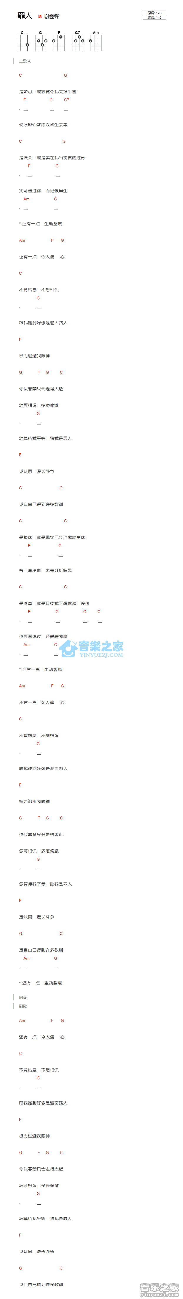 谢霆锋《罪人》尤克里里弹唱谱