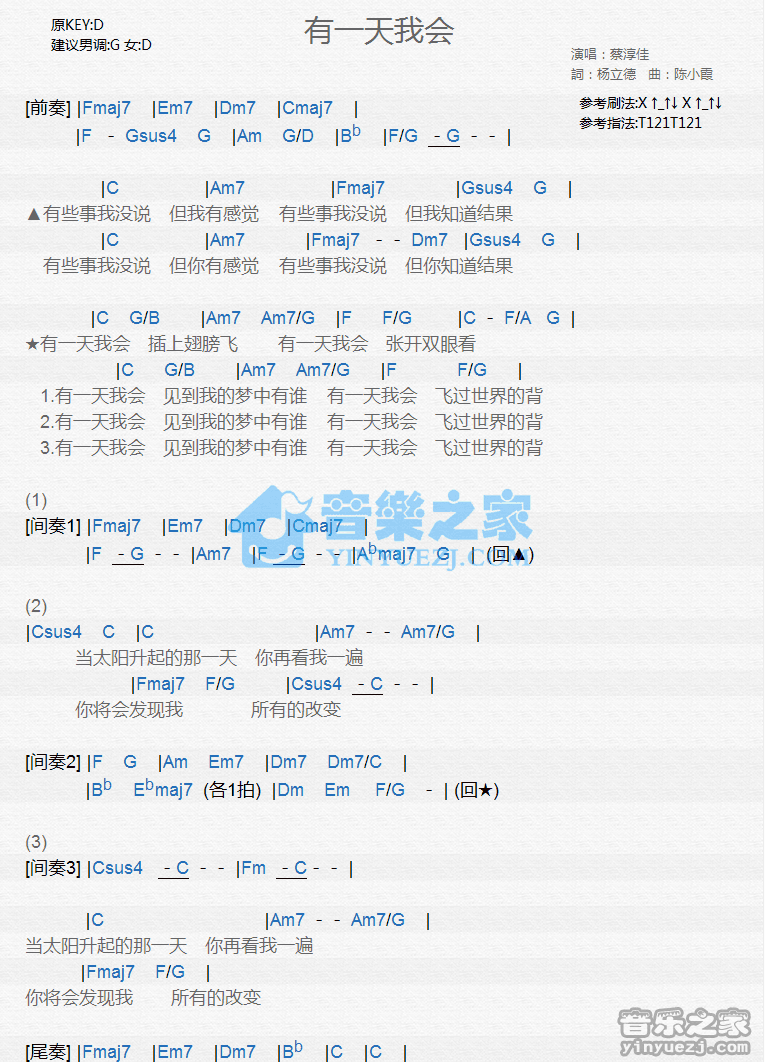 蔡淳佳《有一天我会》尤克里里弹唱谱