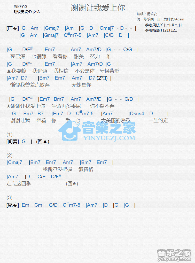 杨培安《谢谢让我爱上你》尤克里里弹唱谱