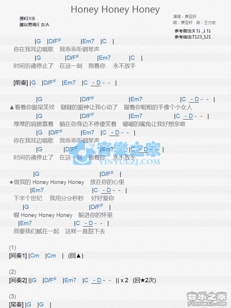 萧亚轩《Honey Honey Honey》尤克里里弹唱谱