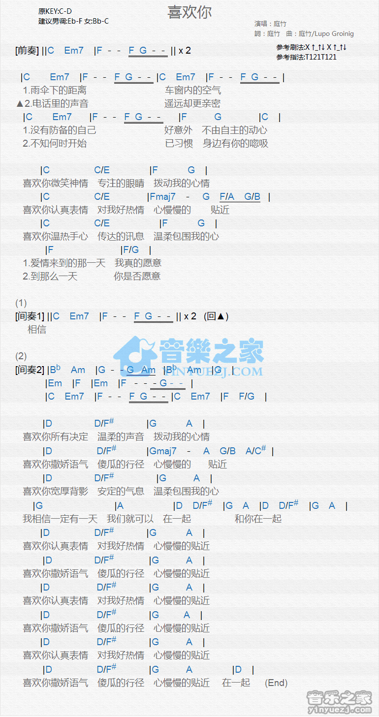 庭竹《喜欢你》尤克里里弹唱谱