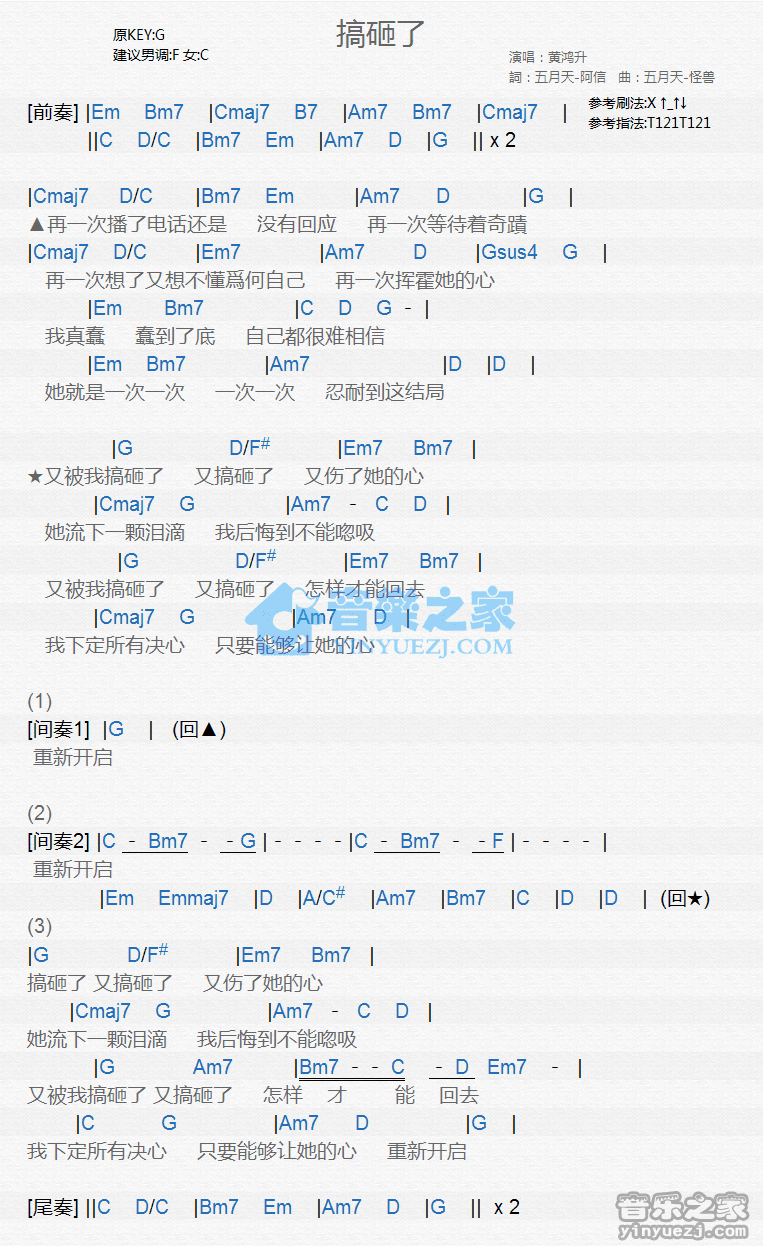 黄鸿升《搞砸了》尤克里里弹唱谱