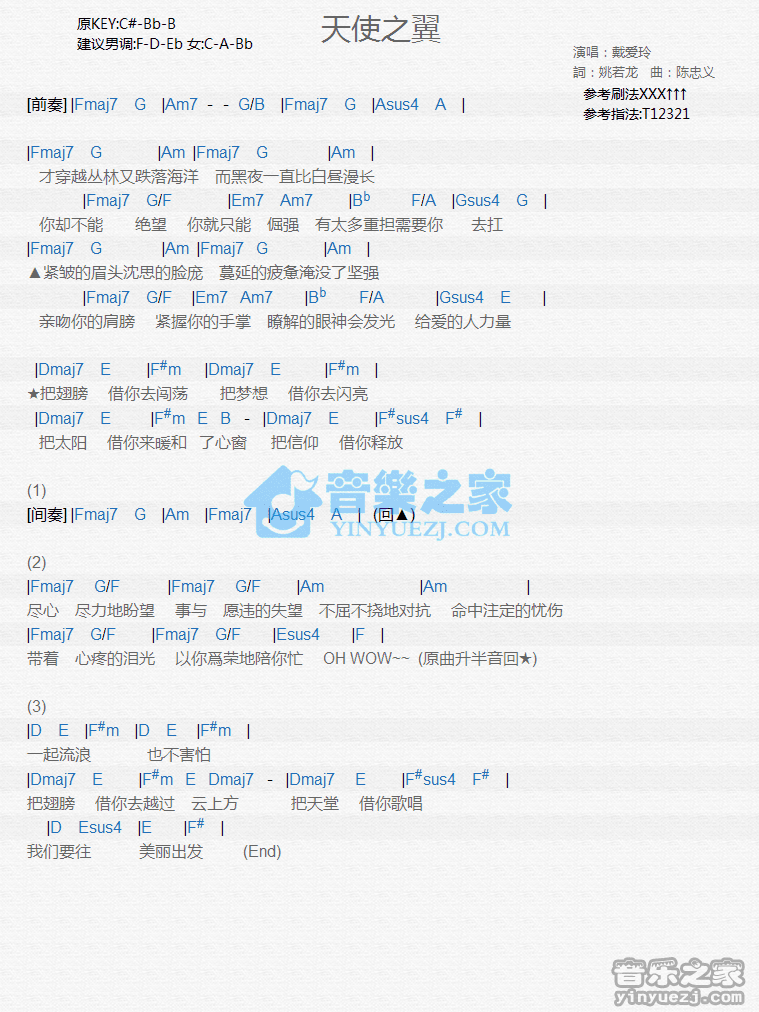 戴爱玲《天使之翼》尤克里里弹唱谱