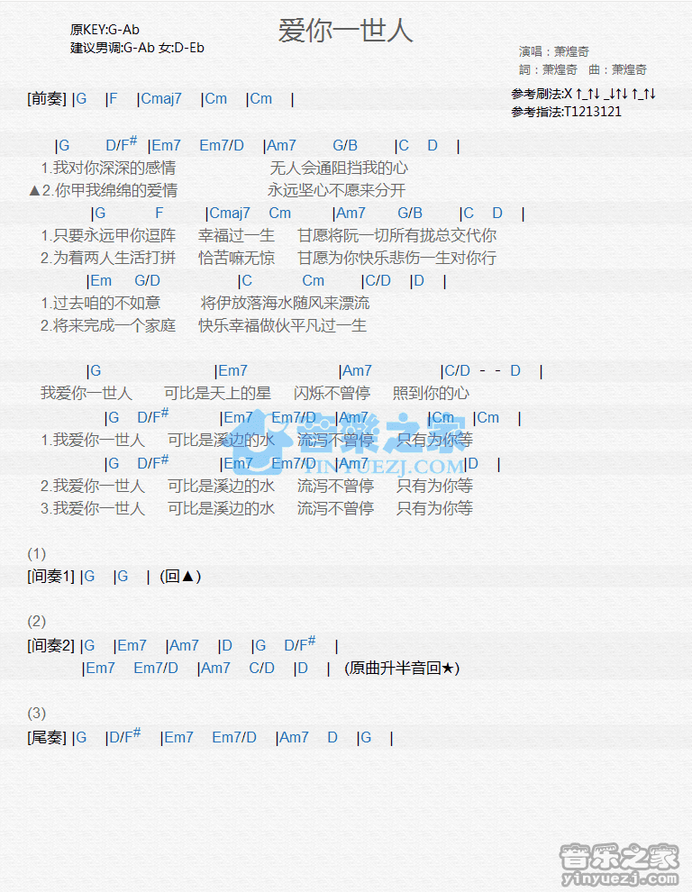 萧煌奇《爱你一世人》尤克里里弹唱谱
