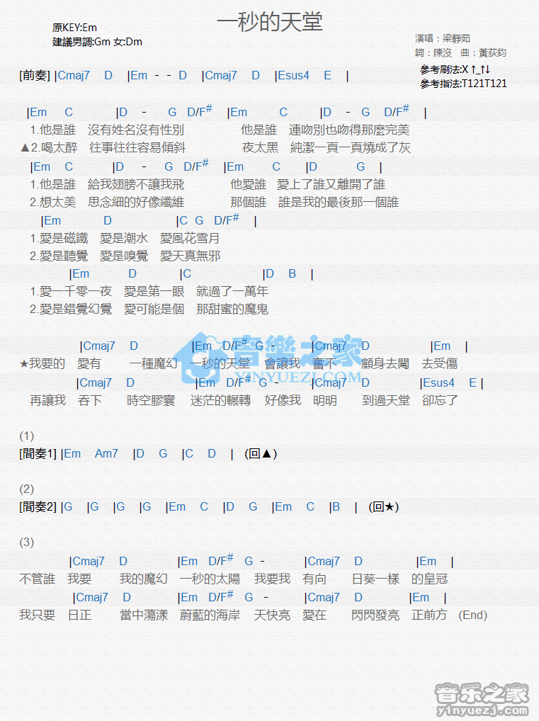 梁静茹《一秒的天堂》尤克里里弹唱谱