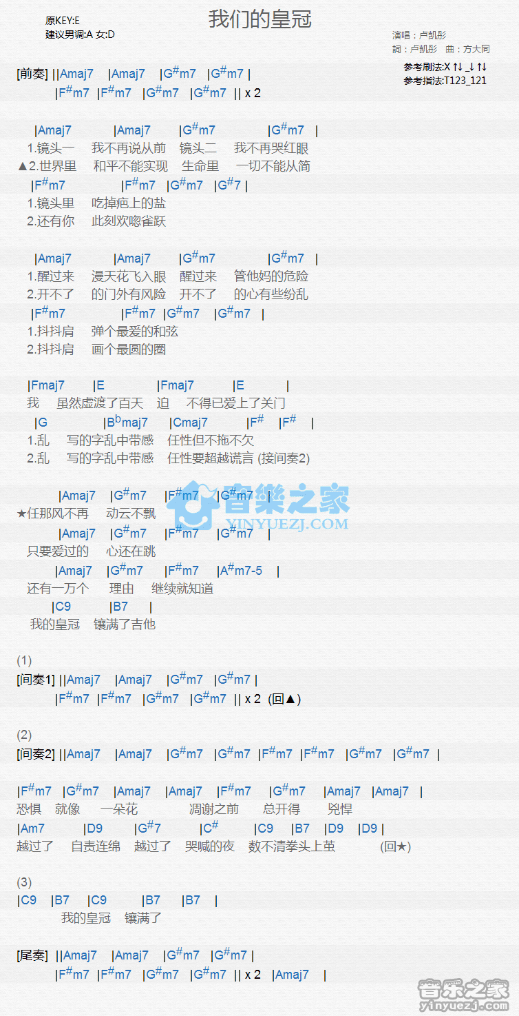 卢凯彤《我们的皇冠》尤克里里弹唱谱