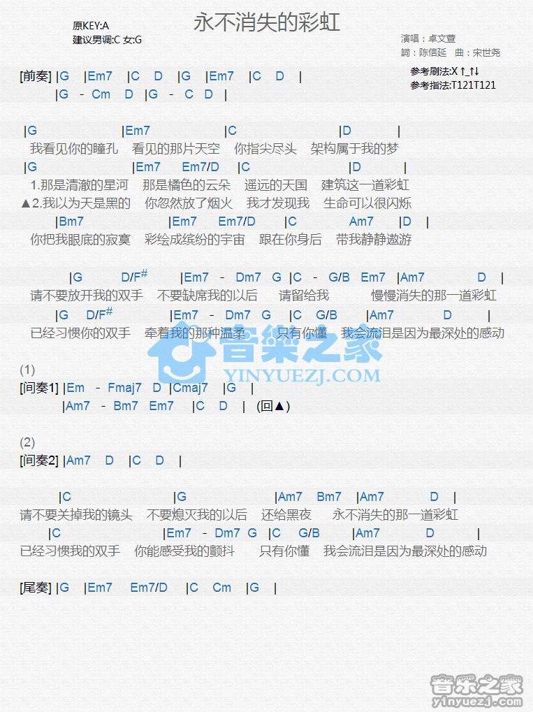 卓文萱《永不消失的彩虹》尤克里里弹唱谱