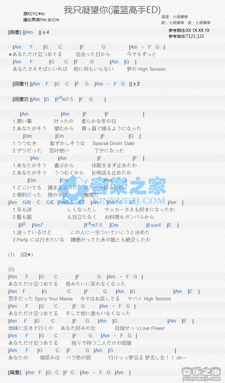 灌篮高手《我只凝望你》尤克里里弹唱谱