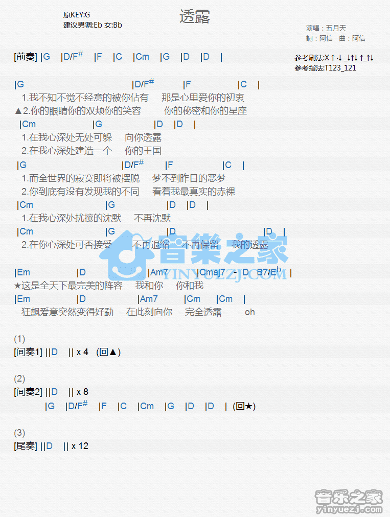 五月天《透露》尤克里里弹唱谱