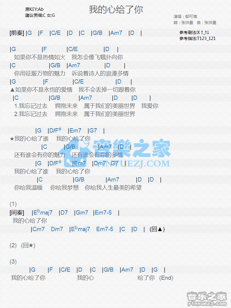 郁可唯《我的心给了你》尤克里里弹唱谱