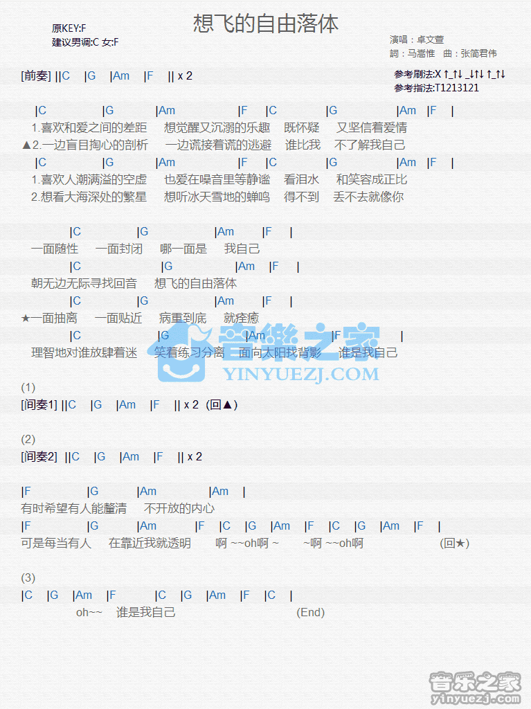 卓文萱《想飞的自由落体》尤克里里弹唱谱