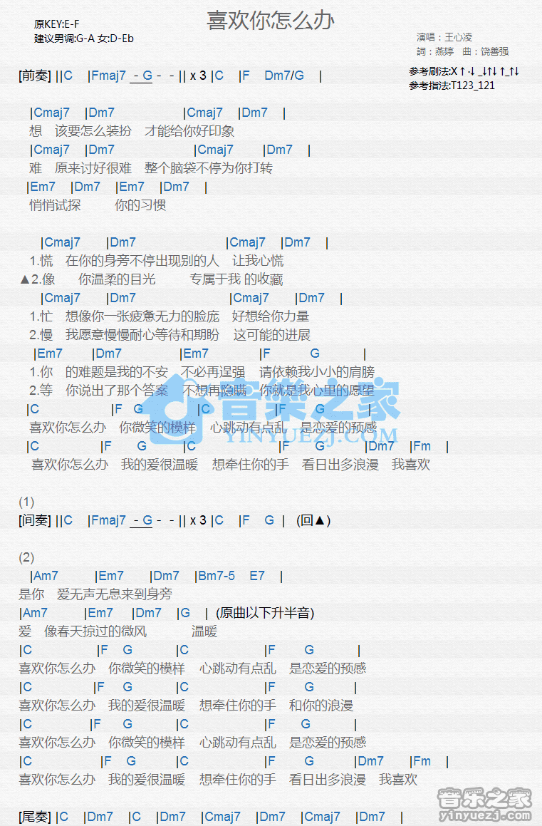 王心凌《喜欢你怎么办》尤克里里弹唱谱