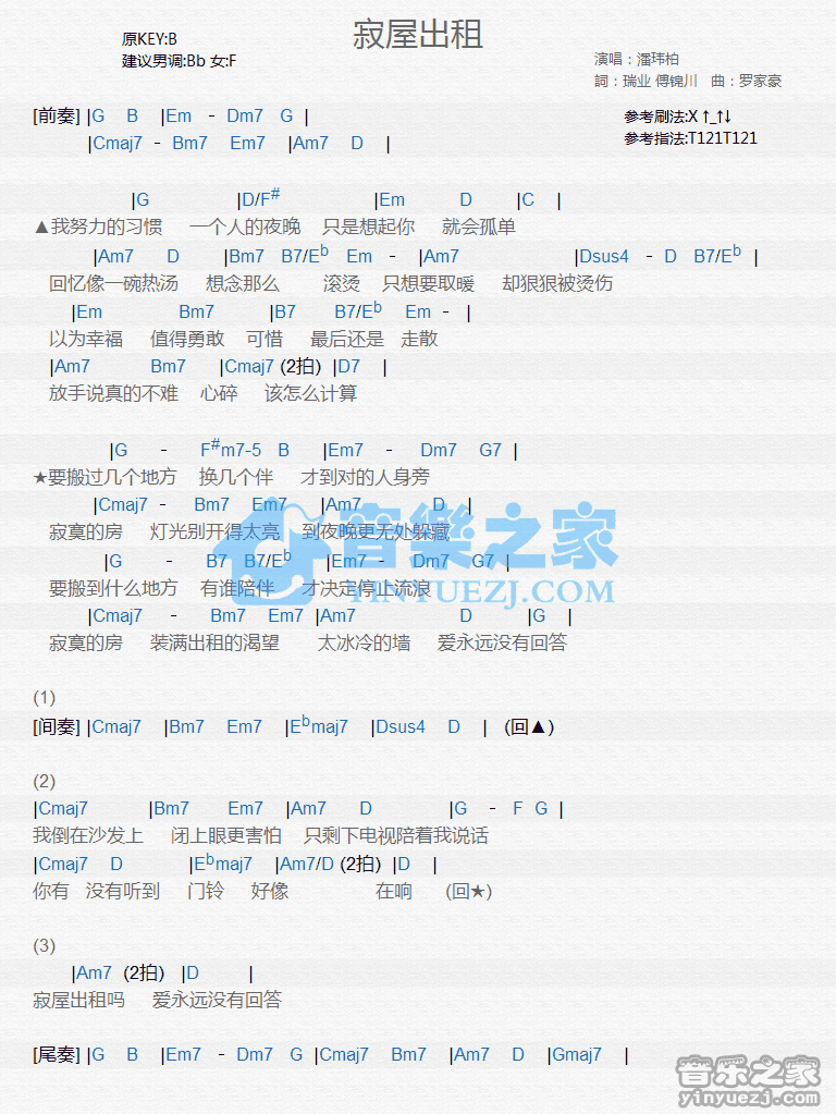 潘玮柏《寂屋出租》尤克里里弹唱谱