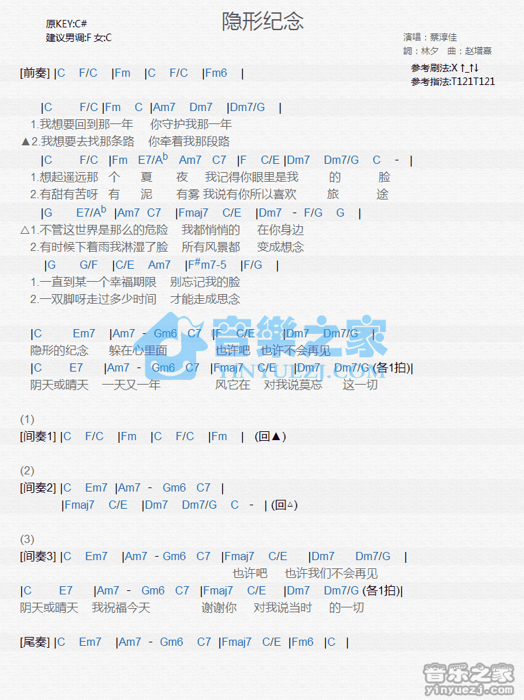 蔡淳佳《隐形纪念》尤克里里弹唱谱