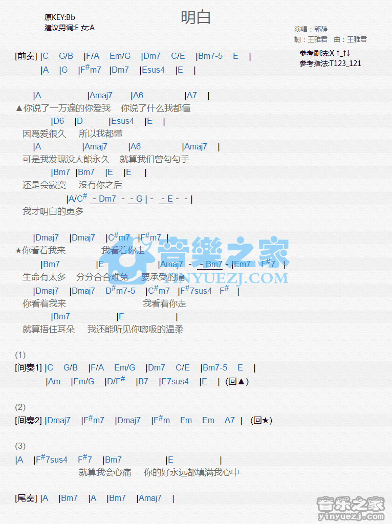 郭静《明白》尤克里里弹唱谱
