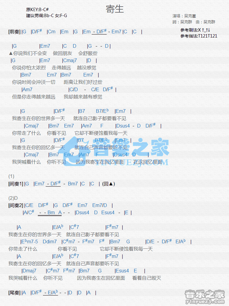 吴克羣《寄生》尤克里里弹唱谱
