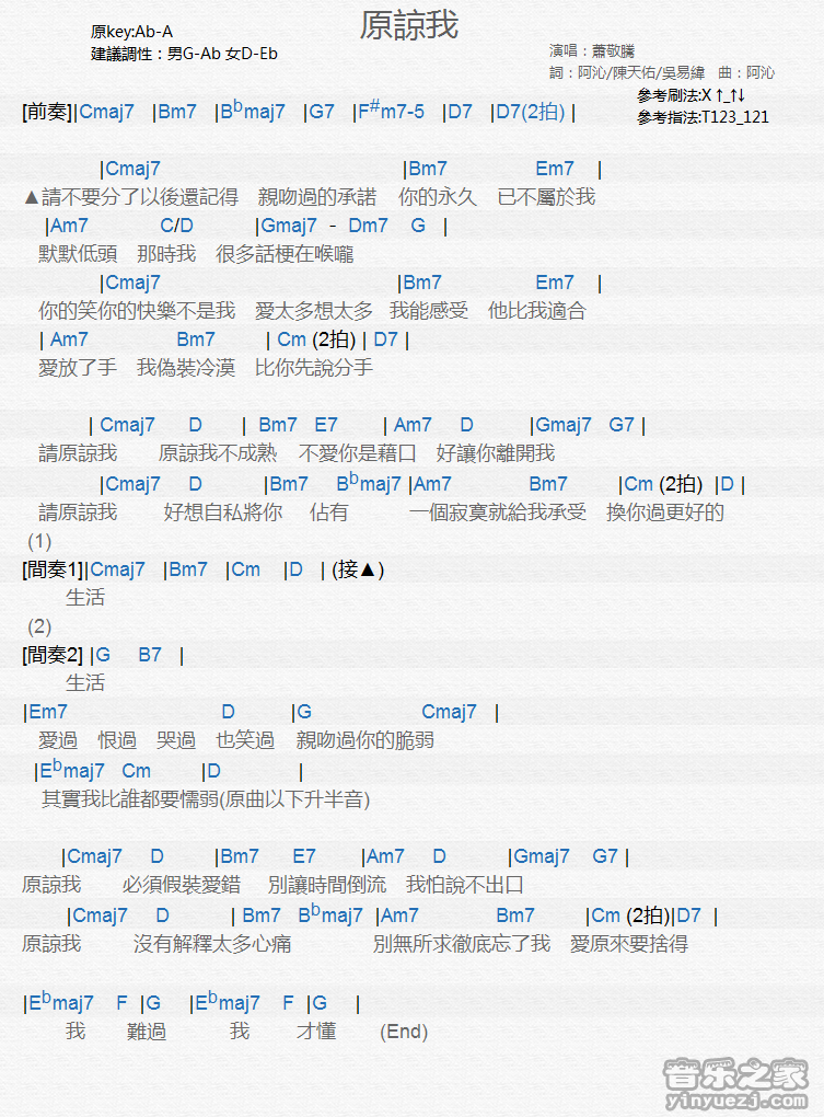 萧敬腾《原谅我》尤克里里弹唱谱