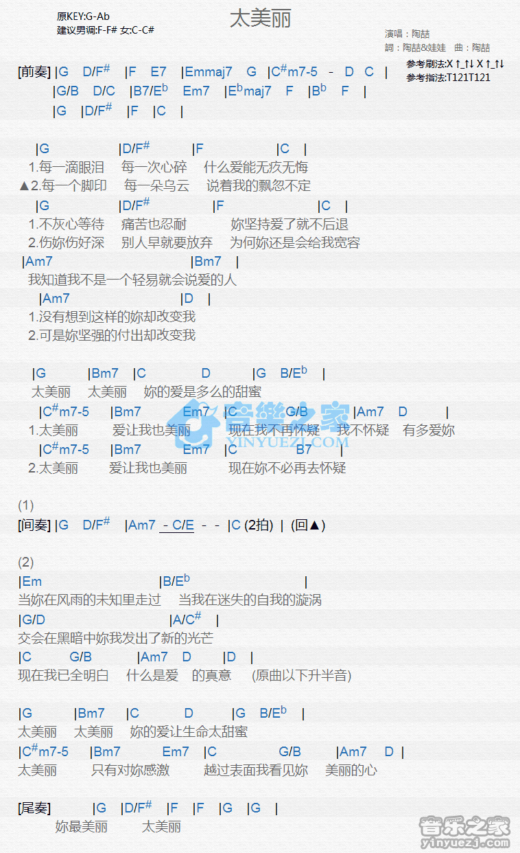 陶喆《太美丽》尤克里里弹唱谱