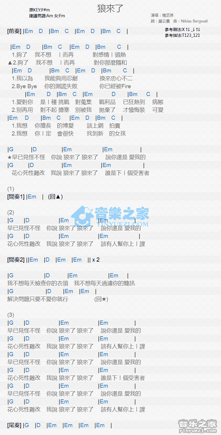杨丞琳《狼来了》尤克里里弹唱谱