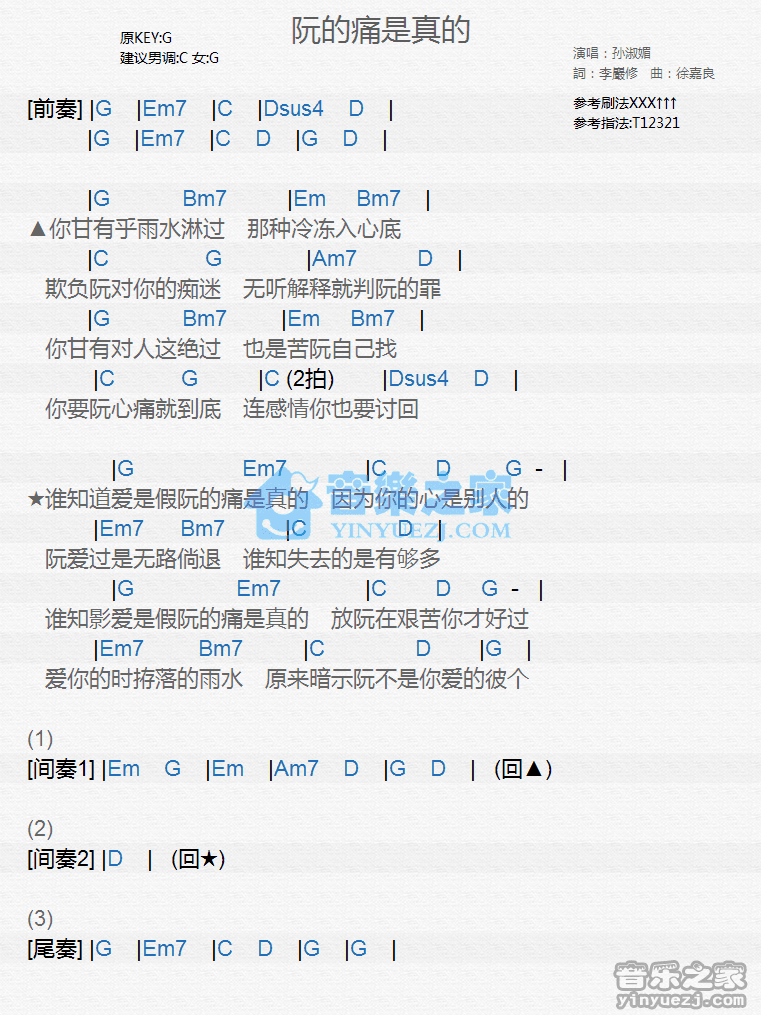 孙淑媚《阮的痛是真的》尤克里里弹唱谱