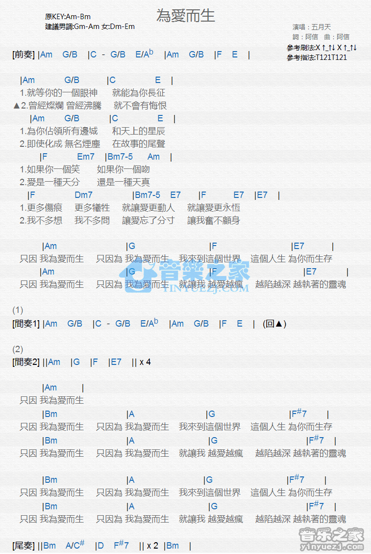 五月天《为爱而生》尤克里里弹唱谱