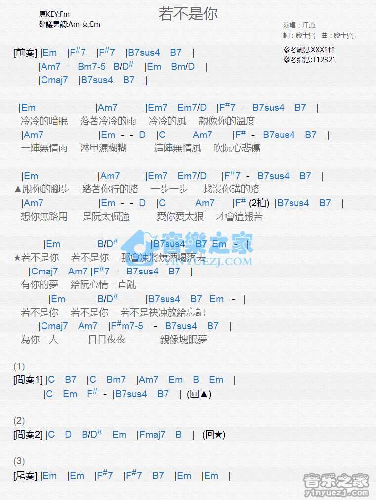 江蕙《若不是你》尤克里里弹唱谱