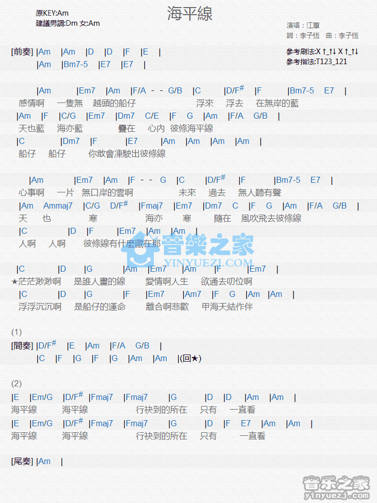 江蕙《海平线》尤克里里弹唱谱