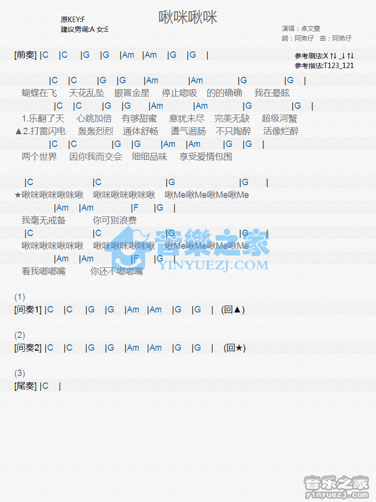 卓文萱《啾咪啾咪》尤克里里弹唱谱
