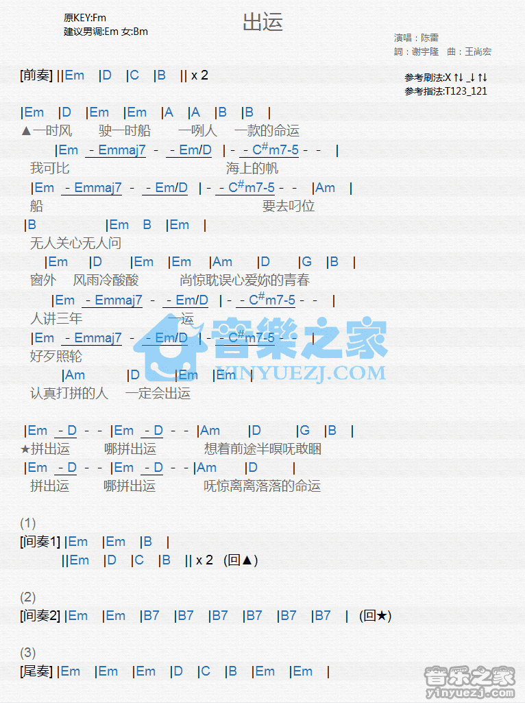 陈雷《出运》尤克里里弹唱谱
