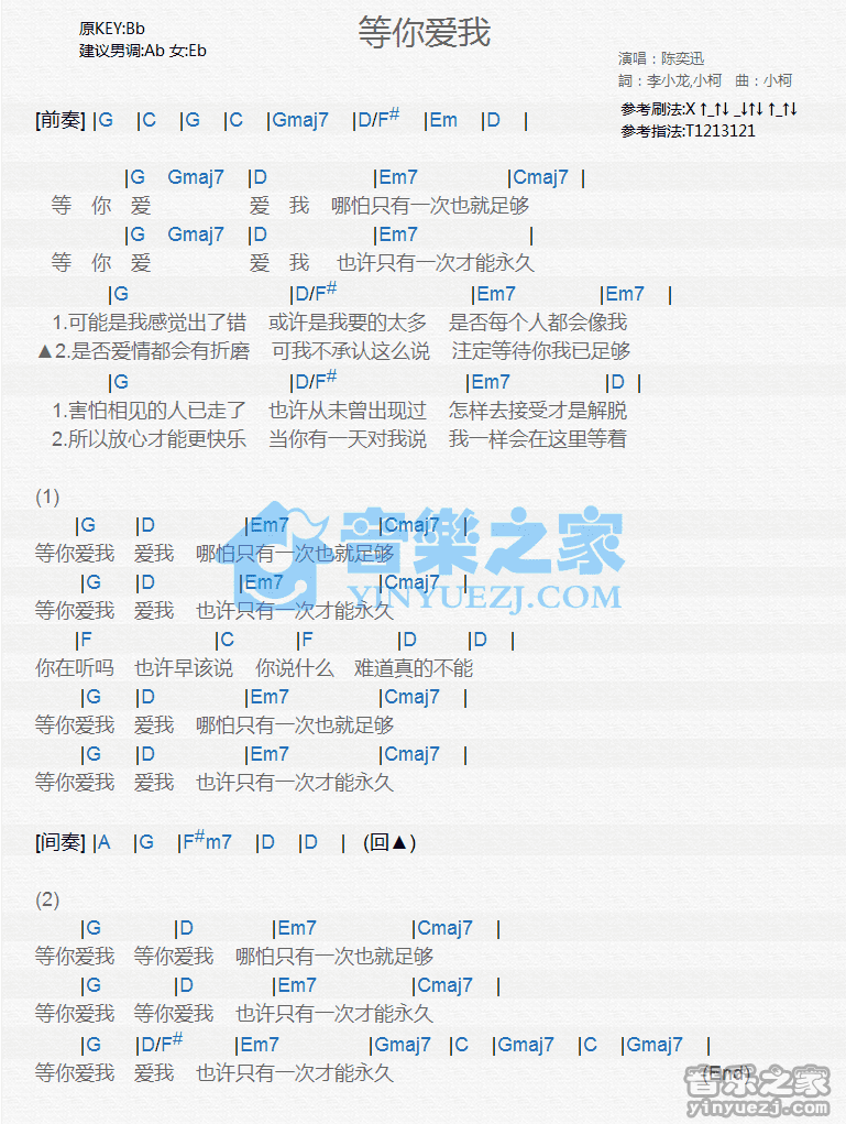 陈奕迅《等你爱我》尤克里里弹唱谱