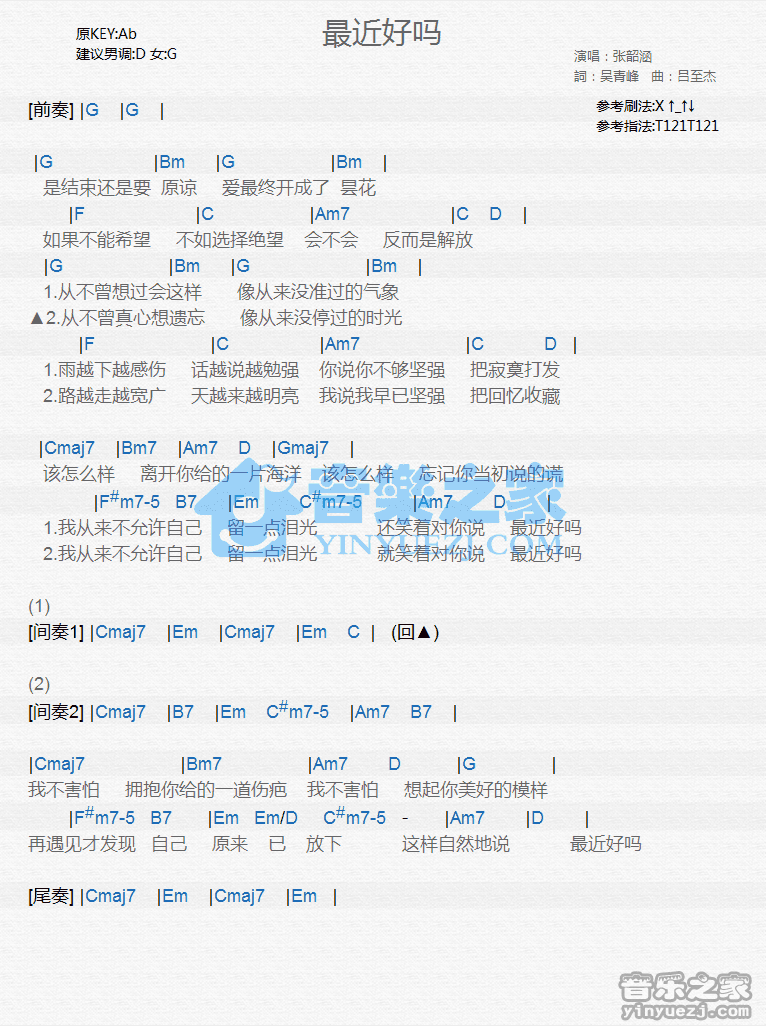 张韶涵《最近好吗》尤克里里弹唱谱
