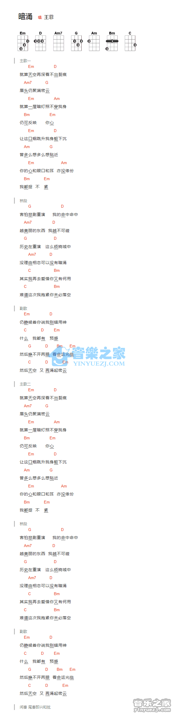 王菲《暗涌》尤克里里弹唱谱