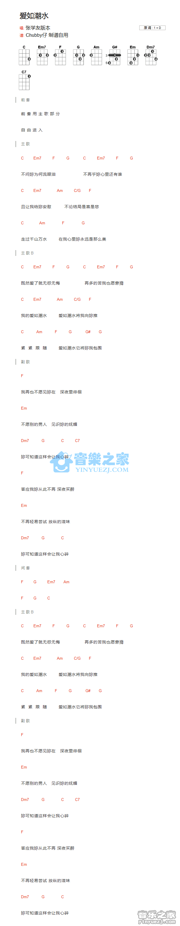 张学友《爱如潮水》尤克里里弹唱谱