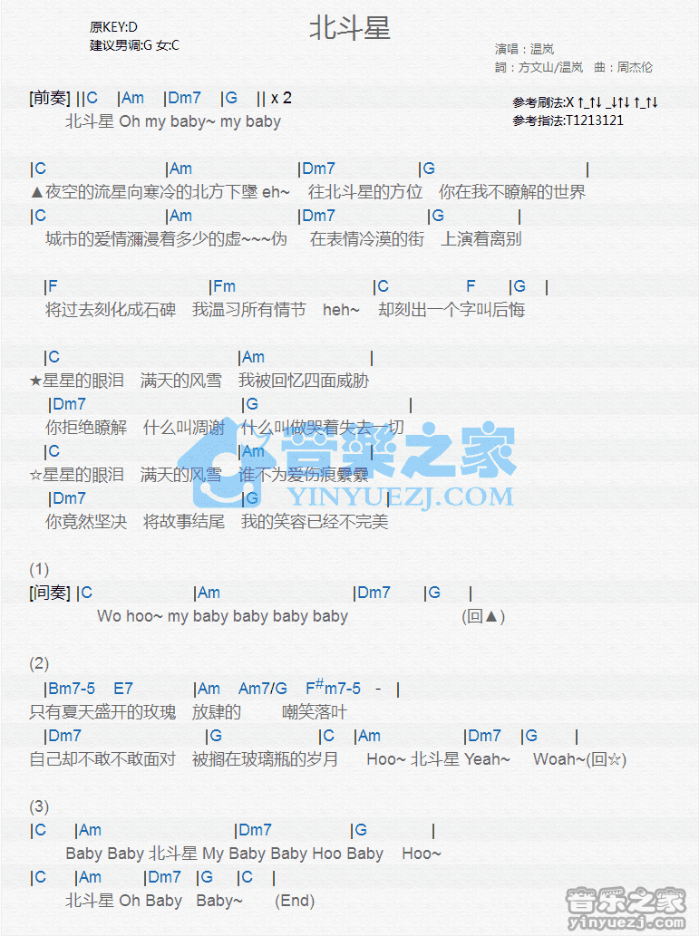 温岚《北斗星》尤克里里弹唱谱