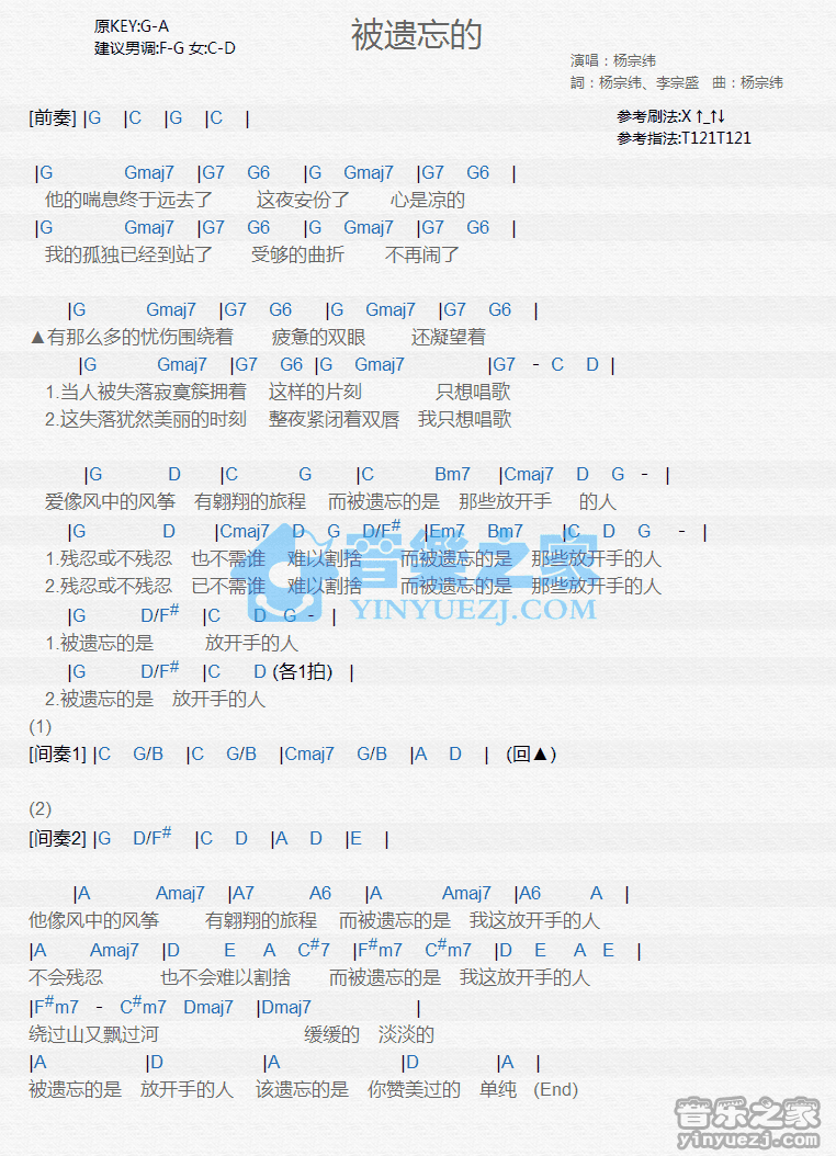 杨宗纬《被遗忘的》尤克里里弹唱谱